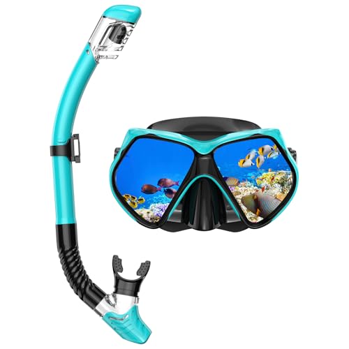 Snorkeling Gear for Adults, Snorkel Set Scuba Diving mask Dry-Top, Adult Swimming Goggles w/Nose Cover, HD Tempered Glass Panoramic Anti-Leak Anti-Fog, Travel Snorkeling Packages