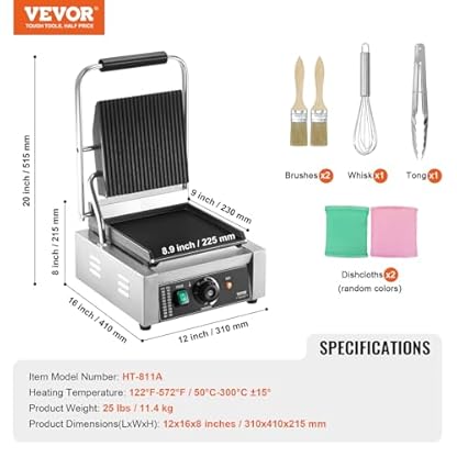 VEVOR kommerzieller Panini-Grill, 1800 W elektrischer Sandwich-Panini-Maker, Sandwich-Pressgrill aus Edelstahl, Panini-Grill mit Temperaturregelung und 23 x 23 cm großer flacher Emaille-Platte – Bild 8