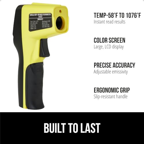 Gorilla Grip Infrared Digital Thermometer Gun, Instant Read Laser Adjustable Emissivity, Handheld Meat Grill Temperature Thermometers Cooking Pizza Oven, Griddle, Pool, Food Tool Temp Reader, Yellow - Thumbnail 2