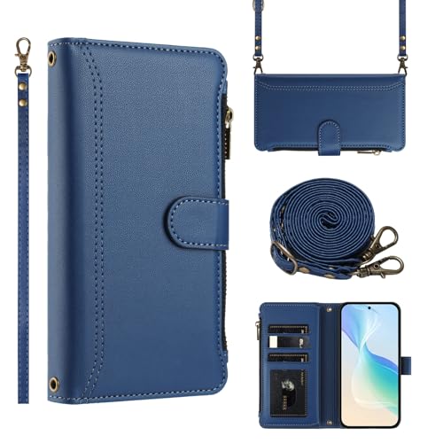 Ymyhyuxi Leather Flip Cases for Honor 400 Lite Case Business Cover Card Wallet Phone Bag Dual Layer Storage Compartment Covers with Lanyard (Blue)
