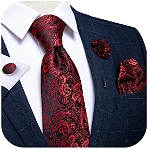 DiBanGu Men's Silk Tie and Lapel Pin Brooch Set Woven Pocket Square Cufflinks Paisley Stripe Solid Necktie Wedding Party Formal
