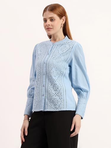 Image of Women's Blue Embroidered Panel Shirt | Elegant Mandarin Collar Button-Down Top | Full Sleeve Formal & Office Wear Shirt