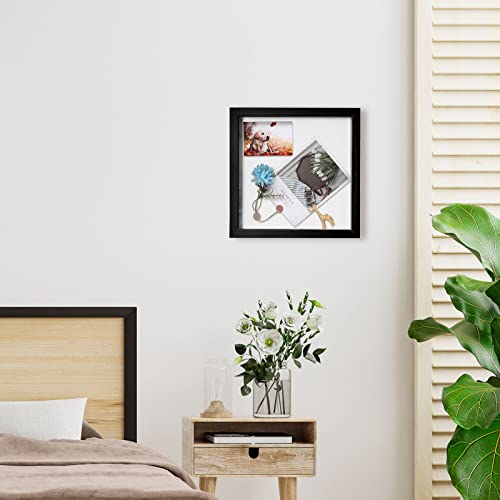 Muzilife 12x12 Shadow Box Picture Frame with Linen Board - Deep Wood & Tempered Glass Display Case Memory Box Baby Sports Memorabilia, Pins, Awards, Medals, Wedding, Tickets and Photos (Black)