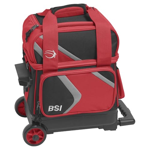 BSI Dash Single Roller Bowling Bag with Smooth Rolling Wheels, Padded Ball Compartment, Retractable Locking Handle, & Shoe Pocket, Black/Red/Gray