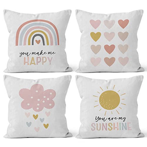 Hiwx You Make Me Happy You Are My Sunshine Decorative Pillowcase Throw Pillow Cover, Motivational Encouragement Rainbow Sun For Sofa Bed Home Baby Room Nursery Decor 18 X 18 Inch Set Of 4 Pillow Case #TOP9