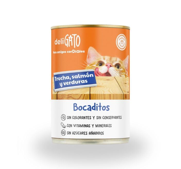 DELIGATO Bocaditos Alimento Húmedo para Gatos, Trucha, Salmón y Verduras, Lata 400g