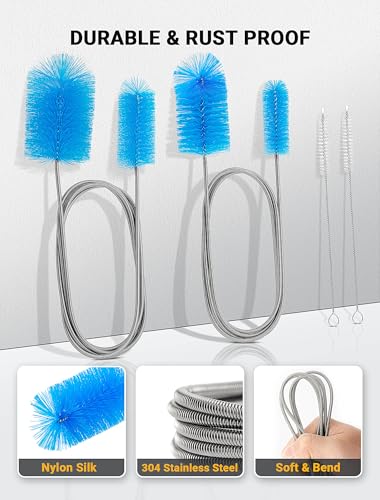 SARDVISA Flexible Long Drain Brush Tool with Large Double Elastic Nylon Ends - Stainless Steel Tube Cleaner Brush for Kitchen, Sink, Drain Pipe, and Long Pipe Cleaning, 2 Straw Cleaning Brushes