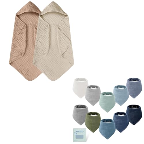 Image of Yoofoss Hooded Baby Towels for Newborn 2 Pack 100% Muslin Cotton & Muslin Baby Bibs 10 Pack Bandana Bibs 100% Cotton