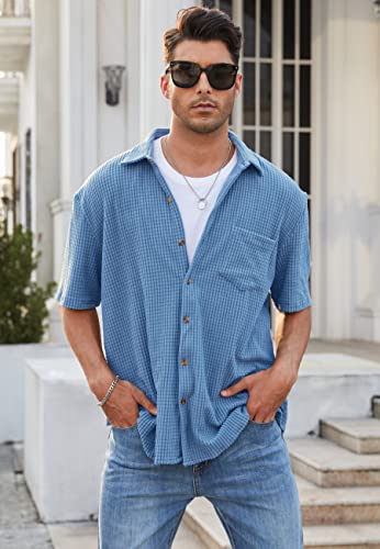 Uiriuy Mens Corduroy Shirts Casual Work Bowling Collared Short Sleeve Button Down Shirt Blue 2Xl #TOP1