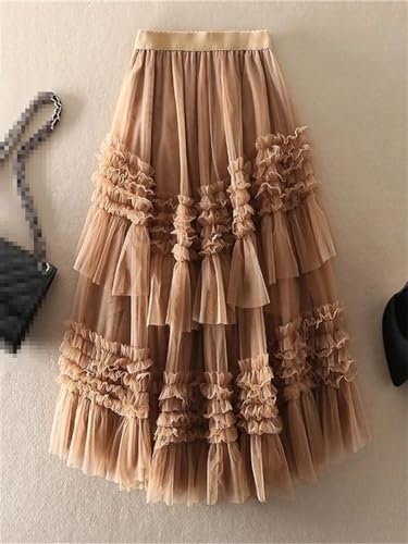 Women Solid Mesh Cake Skirt Elastic High Waist A-Line Petticoat Casual Tulle Pleated Skirts3