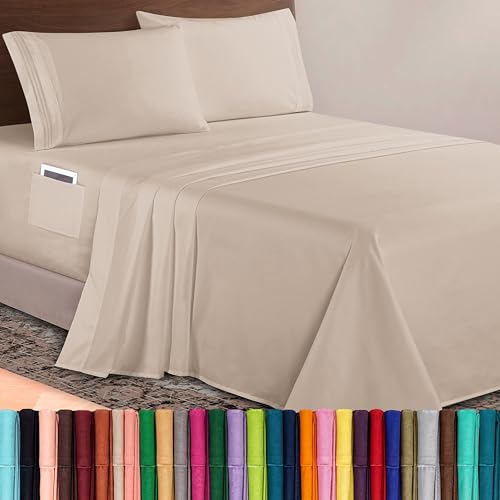 Image of Elegant Comfort Luxurious 1500 Premium Hotel Quality Microfiber 4-Piece Sheet Set, 18-24 Inches Deep - Extra Deep Pocket Sheets - Ultra Soft 4PC Deep Pocket Sheets, King, Cream