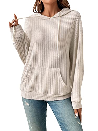Soly Hux Women's Drawstring Long Sleeve Hoodies Pocket Front Casual Sweatshirt Tops Solid Apricot L #TOP10