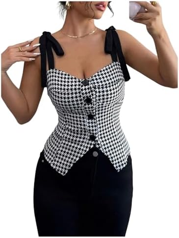 WDIRARA Women's Houndstooth Tie Shoulder Tank Top Sleeveless Button Up Dressy Tops