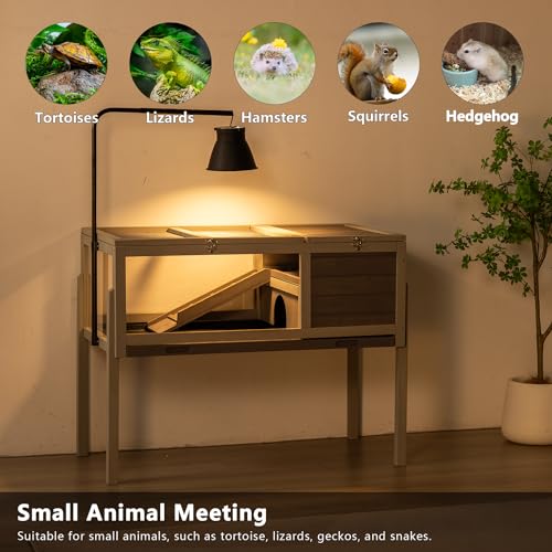 BIRASIL Wood Tortoise Enclosure with Adjustable Light Stand,2-Tier Habitat Reptile Cage with Swimming Area Feeding Area, Tortoises House for Small Animals Lizards Hamster (Gray) - Thumbnail 7
