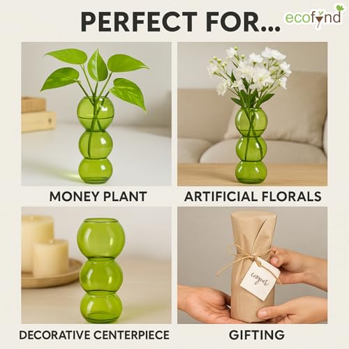 Image of ecofynd 9 Inches Glass Vase for Flowers Plants, Modern Decorative Vase for Home Decor Center Table, Bedroom, Living Room, Office Decoration, Wedding or Gifts, Luster Glass Vase, (GVASE020-GRN-07)