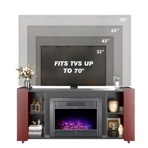Erommy 63'' Fireplace Tv Stand With 28'' Electric Fireplace Insert, Entertainment Center With 3 Colors Flame Fireplace Heater, Tv Console For Tvs Up To 70'' For Living Room, Bedroom, Office, Cherry #TOP4