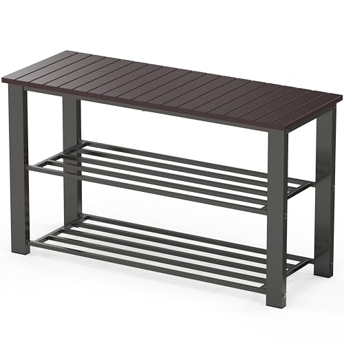Image of Simple Houseware Wooden Top Shoe Rack Bench for Entryway, Dark Brown | 29 inchW 2-Tier Shoe Storage Organizer, Holds Up to 250 Lb, for Entryway, Bedroom, and Living Room