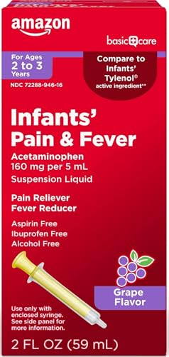 Image of Amazon Basic Care Infants' Pain and Fever Oral Suspension, Acetaminophen 160 mg per 5 mL, Fast, Effective Pain Reliever and Fever Reducer for Children, Grape Flavor, 2 fl oz (Pack of 1)