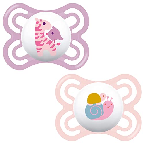 MAM Perfect Soothers 2-6 Months (Pack of 2), Thinner and Softer Baby Soothers with Self Sterilising Travel Case, Newborn Essentials, Pink (Designs May Vary)