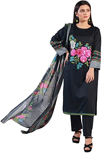IshDeena Pakistani Lawn Salwar Kameez Indian Dresses for Women Ready to Wear Embroidered(Large, Smoky Black)