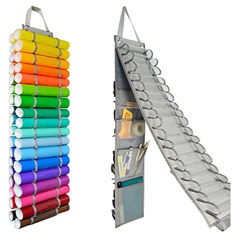 Tunnkit Vinyl Roll Holder - 36 Compartments Vinyl Storage Organizer with 7 Mesh Pockets Storage, Wall Mount/Over The Door Vinyl Roll Storage, with 2 Hooks and 2 Hanging Straps (Grey) Cover