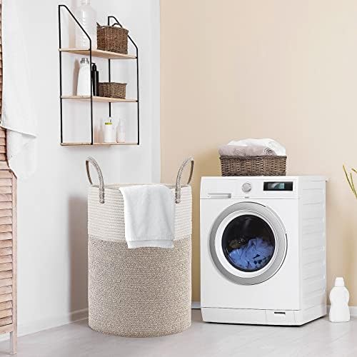 Cotton Rope Laundry Basket, Viwril Large Woven Laundry Storage Basket Dirty Clothes Hamper Tall Woven Baby Nursery Organiser with Handle for Diaper Toy Bedroom Bathroom Storage Bins 50cm x 38cm Brown