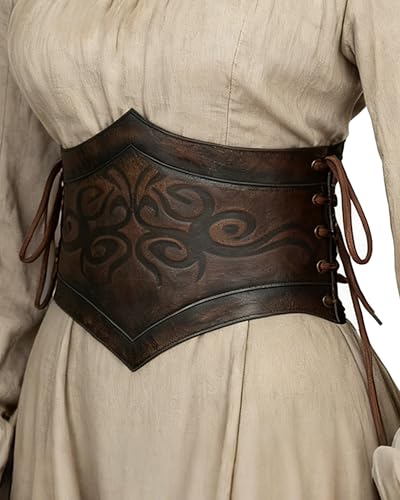 Joukavor Women's Viking Leather Corset Belt Medieval Cinch Belt Renaissance for Halloween (Brown, L)