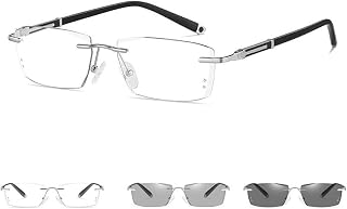 Rimless Anti Blue Light Reading Glasses Photochromic Blue Light Blocking Reading Sunglasses Blocking UV Reader for Men AM20