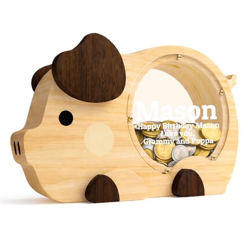 Image of Personalized Piggy Bank for Kids, Cute Money Bank for Boys, Clear Coin Bank with Plug, Wood Kids Bank Toy Unbreakable Money Box, Gift for Children Birthday Christmas and Festival