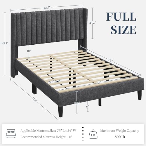 Image of Yaheetech Full Bed Frame with Headboard, Dark Gray Channel-Tufted Platform