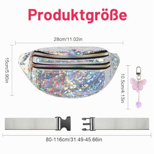 FASBET Bauchtasche Silber Metallic mit Schmetterling Deko, Bauchtasche Mädchen Damen 80er Jahre Karneval Festival Glitzer Bunt Tasche – Ansicht 2