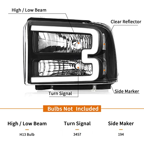 Ylee Halogen Headlight Assembly Led Day Running Light Compatible With 2005-2007 Ford F250 F350 F450 F550 Super Duty/05 Ford Excursion (Black Housing Clear Reflector) #TOP1