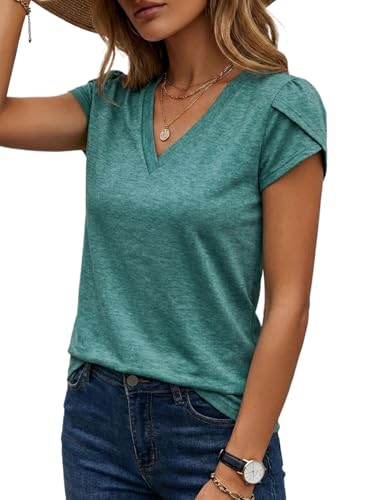 NUKELOLO V Neck T Shirts for Women Petal Sleeve Summer