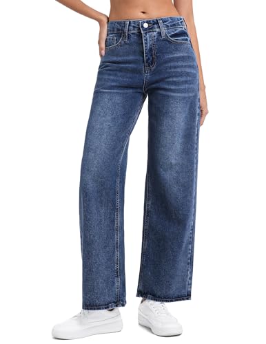 Image of aeonstitch Women's Stretch Straight-Leg Jeans High Waisted Flattering Comfy Denim Trousers Classic Vintage Wash Travel Everyday Casual Wear Dark Blue M