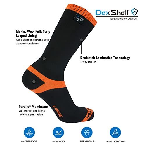 Dexshell Hytherm Pro Waterproof Extreme Cold Weather Merino Wool Terry Loop Inner 3-Layer Laminated Breathable Socks, Blaze Orange Mid Calf For Men And Women Small #TOP2