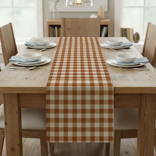Brown White Plaid Table Runner 72 Inches Long Linen Runners for Dining Room Centerpieces for Tables Friendsgiving Table Decorations Home Kitchen Party Decorations Indoor Outdoor 18X72 Inch