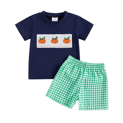 Toddler Baby Boy Halloween Clothes Pumpkin Embroidery Smocked Short Sleeve T-Shirt and Plaid Shorts Set Fall Outfits