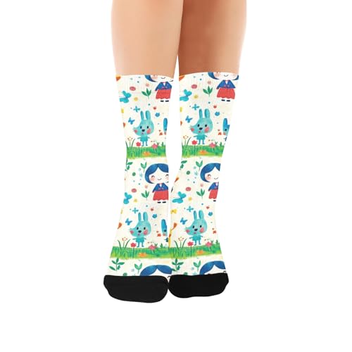 KLL Giraffe cartoon cute girl compression crew socks running casual wicking mid crew socks (1-Pair)
