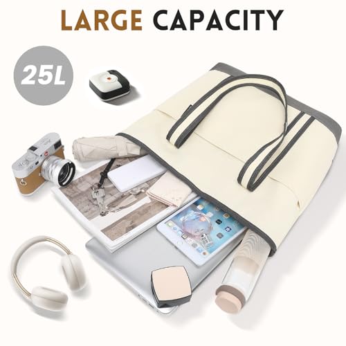 Image of Large Canvas Tote Bag for Women, Beach Bag with Zipper, Utility Tote Bag with 3 Front Pockets, Weekender Pool Bag
