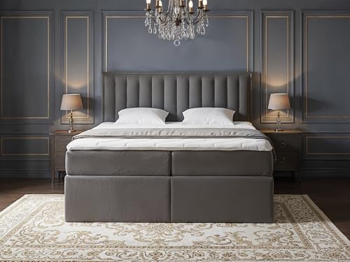 FurnitureByJDM Lit Boxspring 200x200 cm – Sommier Coffre et Matelas à Ressorts Intégrés, Espace de Rangement, Tissu Jupiter Altea Gris