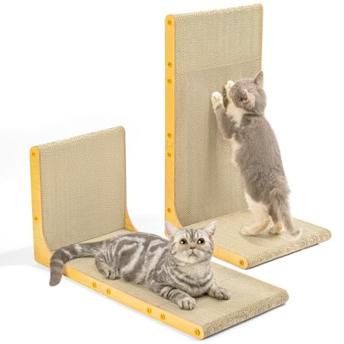 Conlun Grattoir pour Chat, 58 cm Forme en L Montable au Mur, Plateau à Gratter Vertical, Carton Durable pour Protéger Les Meubles des Chats d'Intérieur, Grand,Effet Bois（Lot de 2