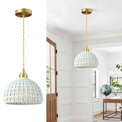 Image of Modern Ceramic Pendant Light Farmhouse Brass Finish Sky Blue Pendant Light Mid Century Ceiling Hanging Lamp for Kitchen Island Bedroom Bedside