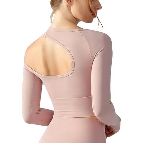 Women Sexy Scoop Neck Workout Crop Top Fashion Shoulder Back Designs Long Sleeve Yoga Shirt with Built in Bra Pink S Cover