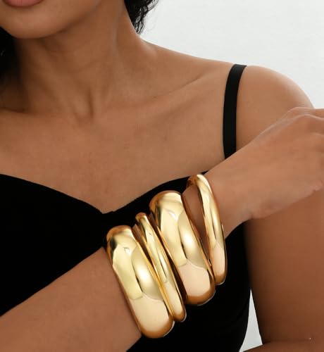 Image of Chunky Gold Bangle Bracelets for Women, Dainty 14k Gold Plated Big Stackable Bangles Set, Trendy Statement Cuff Bracelet Stack Fashion Jewelry Gifts