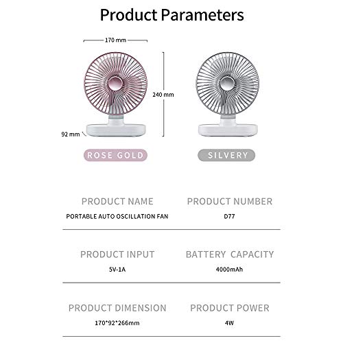 Ajcoflt Ventilador de mesa sem fio USB Ventilador de mesa Rotação de 90 graus Ventilador de escritór