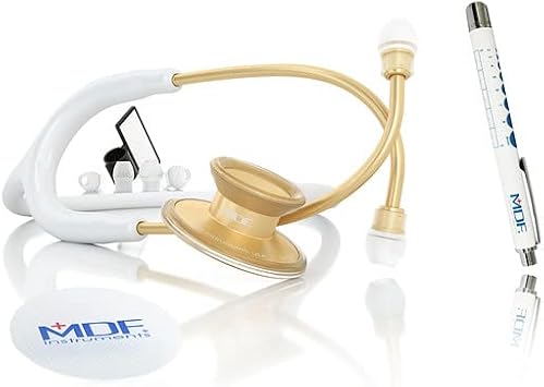 MDF Instruments Acoustica Lightweight Stethoscope for Doctors, Nurses, Students, Gold/White Tube + MDF LUMiNiX Illuminator Medical Professional Diagnostic Penlight