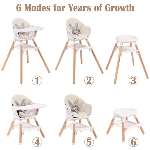 6-In-1 Wooden High Chair, Baby High Chair With Storage Plate & Dishwasher Safe Tray, Infant Feeding Chair #TOP1