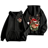 hoodie damen, Weihnachten Hoodie Damen Sweatjacke Lustige 3D Druck Weihnachtspullover Kapuzenjacke Oversize Casual Zipper Sportjacke Leichte Weihnachts Kapuzenpullover Sweatshirt Jacke Schwarz XXL