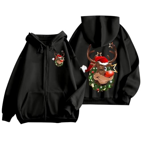 hoodie damen, Weihnachten Hoodie Damen Sweatjacke Lustige 3D Druck Weihnachtspullover Kapuzenjacke Oversize Casual Zipper Sportjacke Leichte Weihnachts Kapuzenpullover Sweatshirt Jacke Schwarz XXL