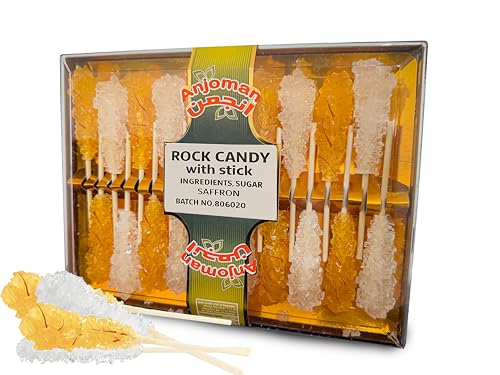 Anjoman Rock Candy Mix Pack Sticks - Pack of 2 x 10 Stick | Natural White & Saffron Sugar Crystal | Aromatic Nabat Chobi for Sweetening Beverages, Desserts & Ready to Eat Delicious Snack